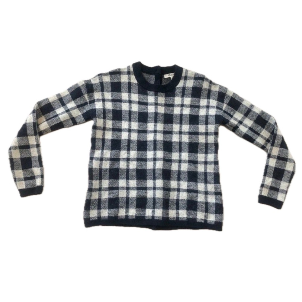 Madewell Sz XS Back Button Sweater Plaid Off-white Blue 100% Merino Wool X-Small